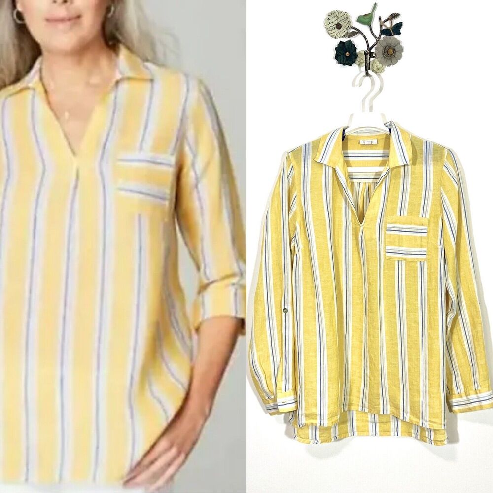 J. Jill Love Linen Women's Striped Linen Popover Shirt Daisy Multi Size Medium